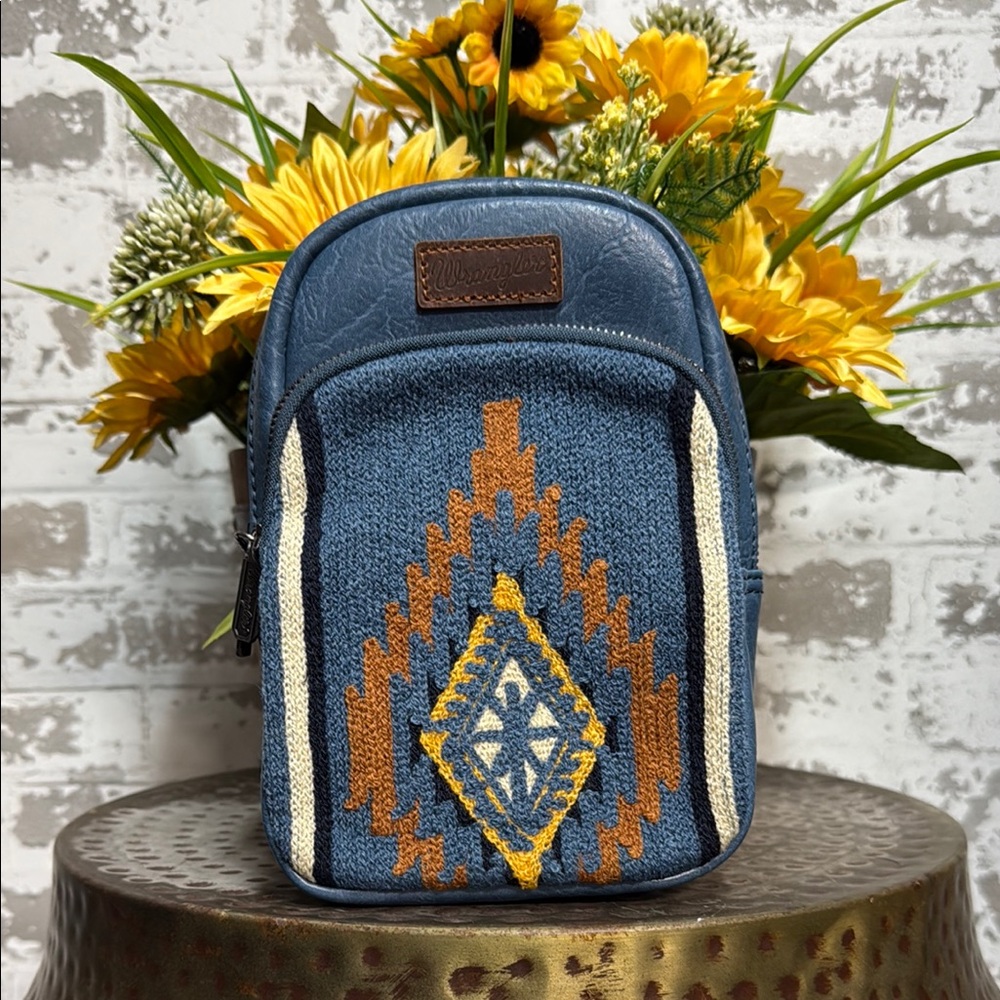 Wrangler Blue Vegan Leather Bag with Brown Aztec Accents